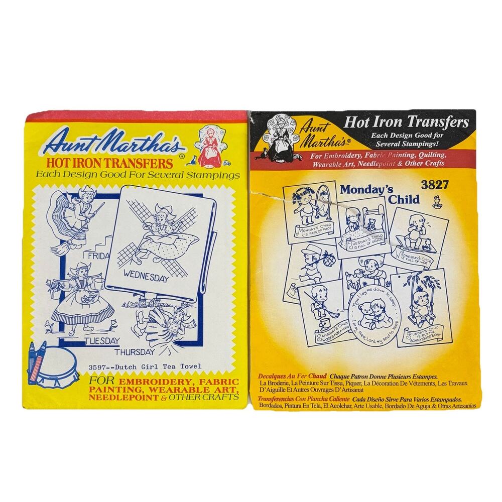 Aunt Martha's Hot Iron Transfers 3827 Mondays Child 3597 Dutch Girl Lot Of 2